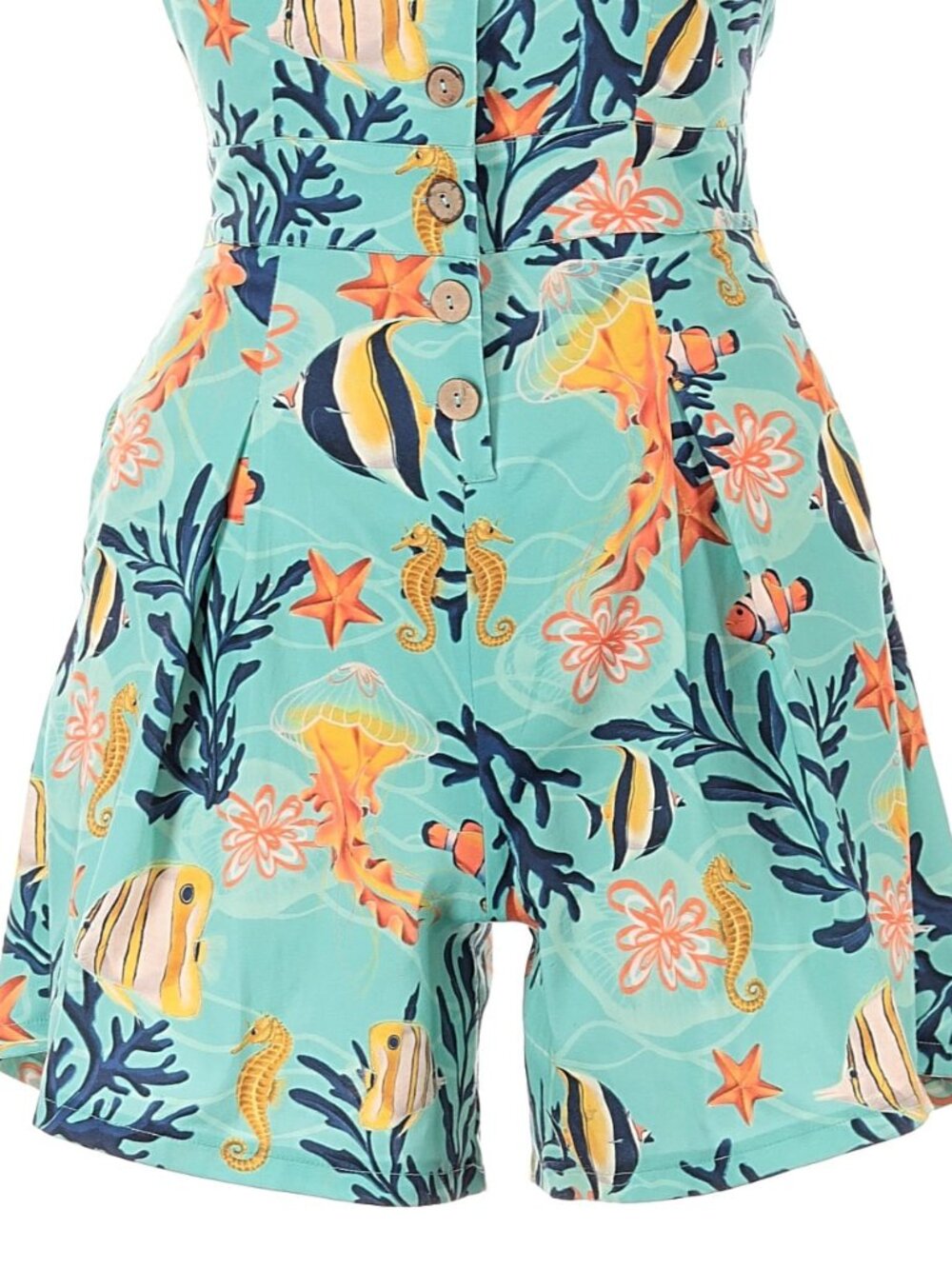 Voodoo Vixen Coral Reef Button Up Romper Teal XL Ocean Print Playsuit EUC - Picture 5 of 6